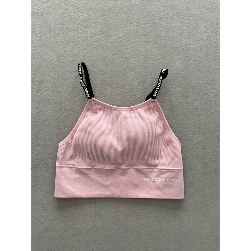 Skechers Sports Bra S Excellent Pink Ribbed Logo Strap High Neck Seamless